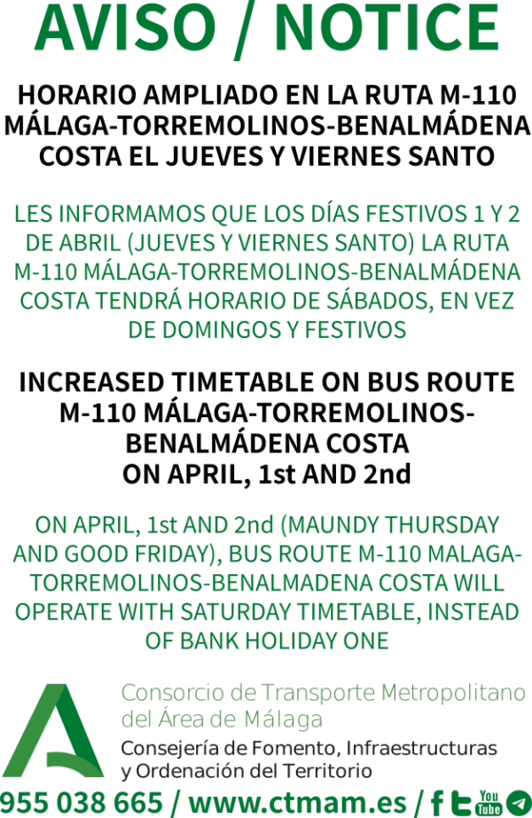 Horario ampliado en la ruta M110 MálagaTorremolinosBenalmádena Costa