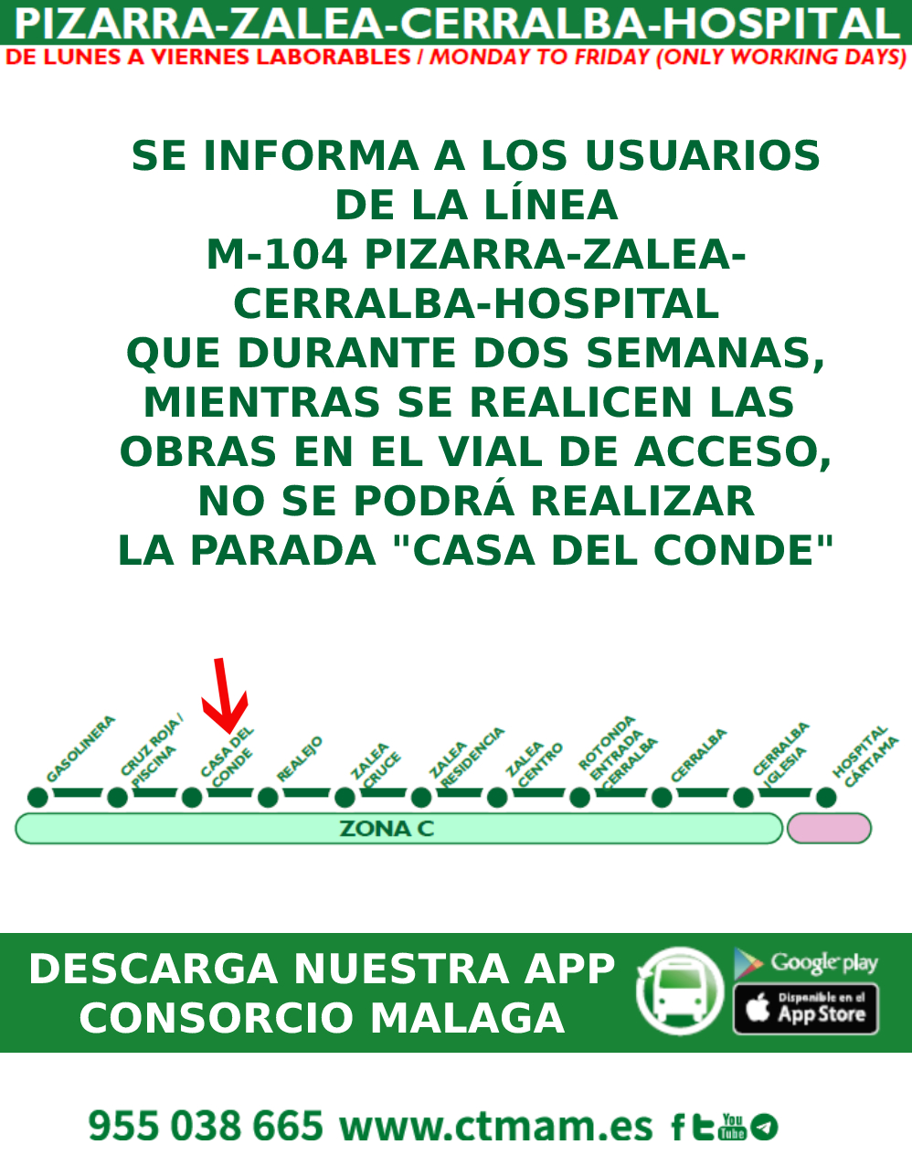 Suspensión de la parada "Casa del Conde" de la línea M-104 Pizarra-Zalea-Cerralba-Hospital
