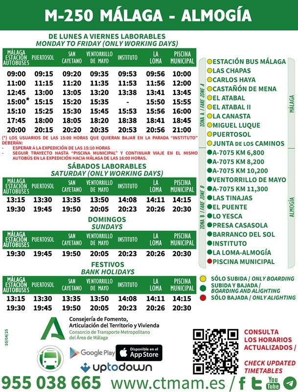 Ajustes en la expedición de la ruta M-250 de las 15:00 horas a partir del 17 de noviembre
