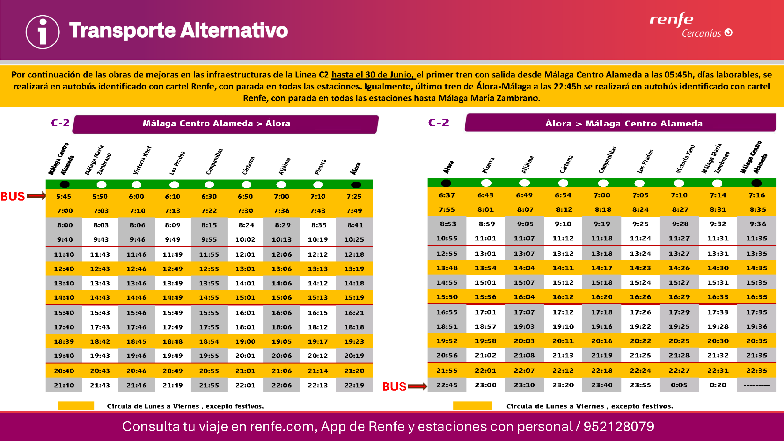 Servicios de Cercanías de la ruta C-2 prestados en autobús del 12 al 30 de junio